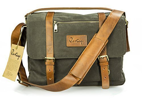 Portage Supply Spruce, Leather Waxed Canvas Messenger Bag for Camera, Laptop