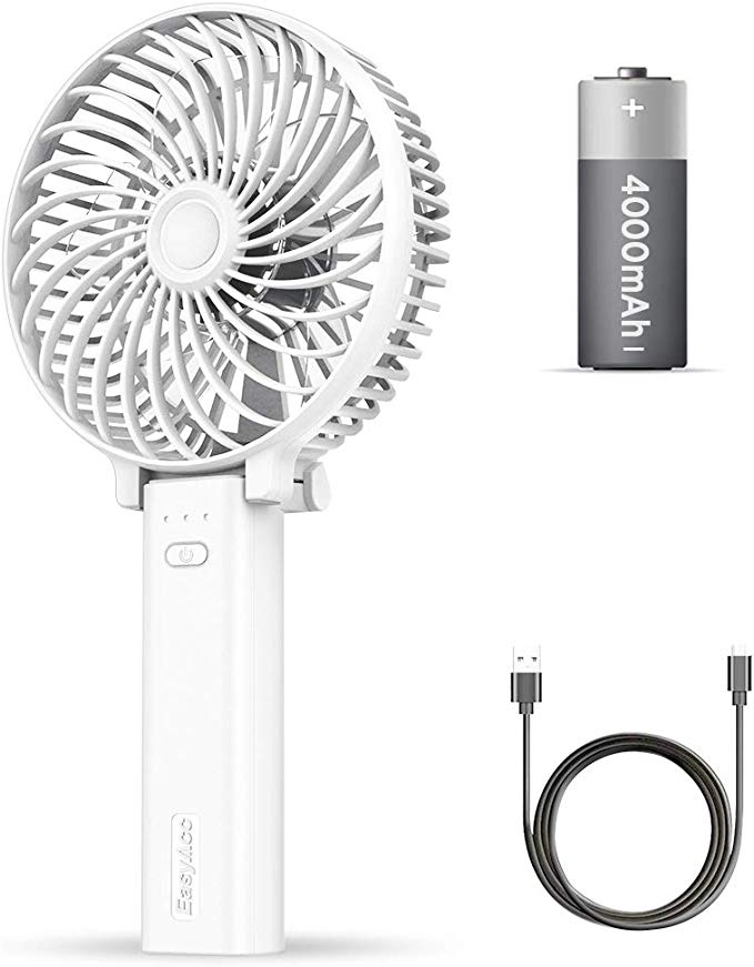 EasyAcc 4000mAh Upgraded Handheld Fan Electric Mini Portable Outdoor Fan Battery Operated 23 Hours Battery Reminder Silent Foldable Handle Desktop For Home Travel - White