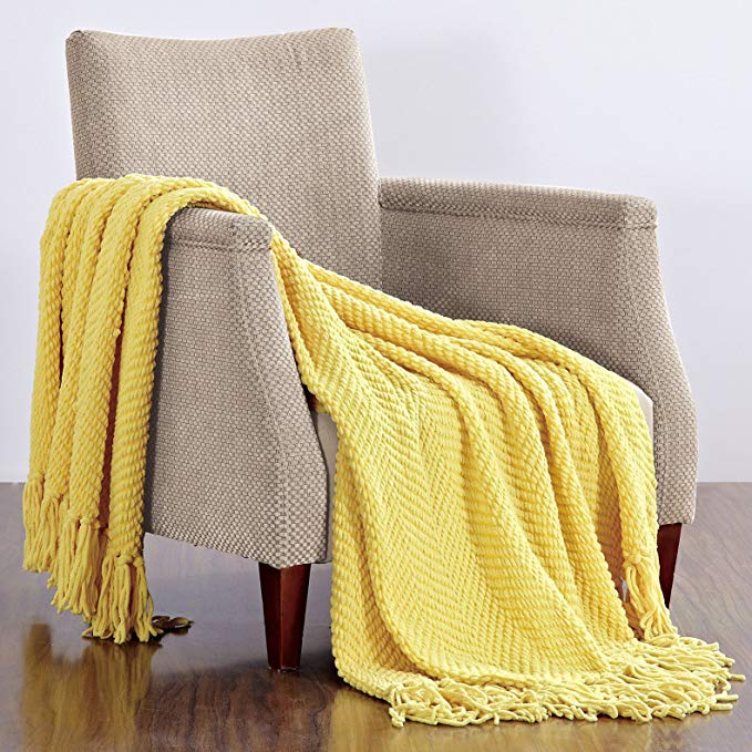 Home Soft Things BOON Knitted Tweed Throw Couch Cover Blanket, 60" x 80", Sunshine Yellow
