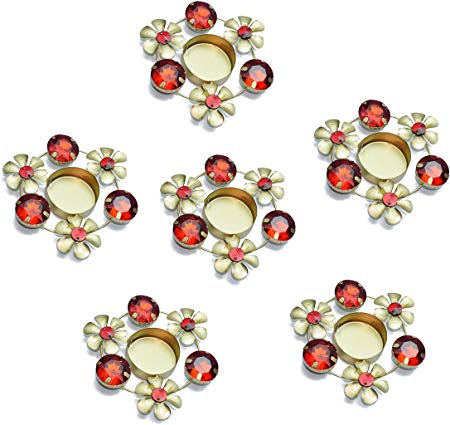 Set of 6 pc Diwali Diya Gift/Decoration Beautiful Candle Tea Light Holder with Red Stones in Random Foil Paint. Diwali Diya Oil lamp/Christmas Decoration.Indian Gift Items.