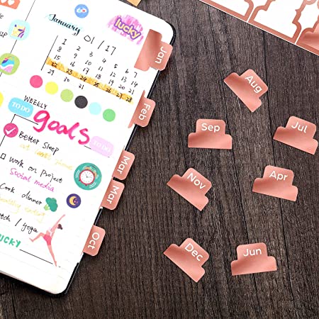 24 Pieces Adhesive Tabs Designer Accessories Monthly Tabs Planner Stickers Decorative Monthly Index Tab for Office Study Planners Organizations (Rose Gold)