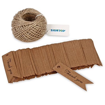 Shintop Thank You Tags - 100PCS Kraft Paper Gift Tags Bonbonniere Favor Wedding Hang Tags with Free 100 Feet Natural Jute Twine (Brown)