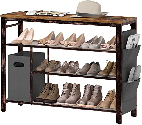 Rolanstar Shoe Rack, 4-Tier Entryway Shoe Storage Organizer, Free-Standing Shoe Rack Table with Non-woven Storage Bin and Side Bag, Holds 11-13 Pair of Shoes