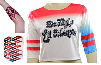 Harley Quinn T-shirt Daddy's Lil Monster Shirt Costume with Arm Tattoo (L)