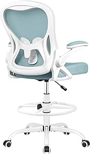 Winrise Drafting Chair, Tall Office Chair Ergonomic Standing Desk Chair, Lumbar Support Computer Chair Swivel Task Rolling Chair with Adjustable Flip-up Armrests & Foot Ring (Light Blue)