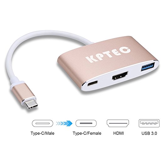 KPTEC USB 3.1 Type C (USB-C) to HDMI & USB 3.0 & Type C Adapter Converter, Support 4K Video - Gold