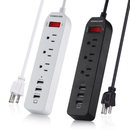 Poweradd 3-Outlet Power Strip 6ft Cord with 3 Smart USB Ports - 2 Pack BlackWhite