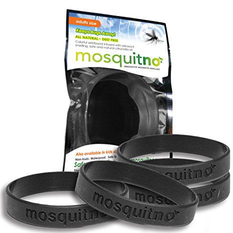 Mosquitno Natural, Citronella, Waterproof Mosquito Repellent Wristbands, Adult, 5-Pack,  Black