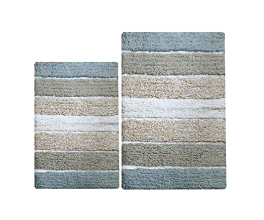 Chardin Home - 100% Pure Cotton - 2 Piece Cordural Stripe Bath Rug Set, (24''x40'' & 21''x34'') Gray-Beige with Latex spray non-skid backing