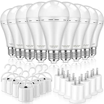 Mudder 45 Pcs Rechargeable Emergency LED Light Bulb with E26/E27 Socket Adapter Battery Operated Light Bulb Battery Backup Emergency Light for Power Outage Outdoor Camping Activity Power (9W 6500K)