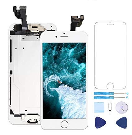 Screen Replacement for iPhone 6 Plus White 5.5" LCD Display Touch Digitizer Frame Assembly Full Repair Kit,with Home Button,Proximity Sensor,Ear Speaker,Front Camera,Screen Protector,Repair Tools