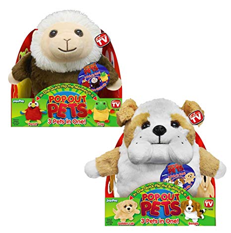 Pop Out Pets: Get 3 Stuffed Animals in One - Parrot, Frog & Monkey and Bulldog, Golden Labrador & Beagle