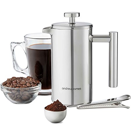 Andrew James 3 Cup 350ml Double Walled Stainless Steel Cafetiere Gift Set With Coffee Measuring Spoon And Bag Sealing Clip