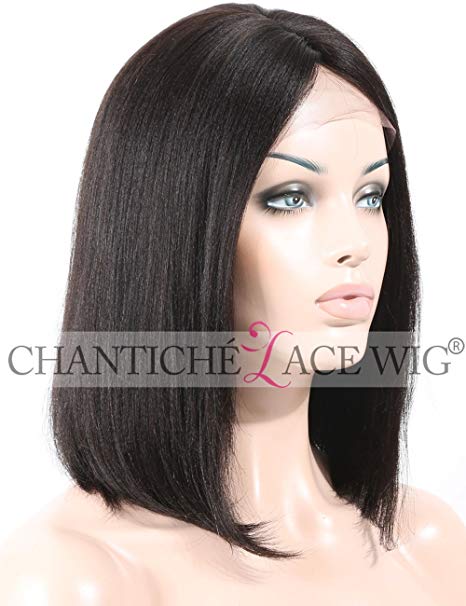Chantiche New Style Short Bob Light Yaki Straight Remy Human Hair Lace Front Wigs Invisible Middle Deep Parting 100% Brazilian Hair Glueless Wig For Women 14 Inch #1B