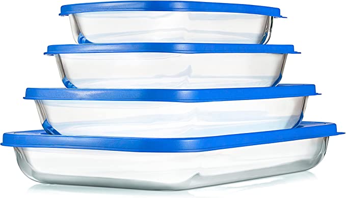 NutriChef 4 Sets Glass Bakeware - High Borosilicate Rectangular Glass Baking Dish w/ Blue BPA-Free PE Lids, Freezer-to-Oven Home Kitchen Bake Casserole Food Storage Stackable Tray Pan, Dishwasher Safe