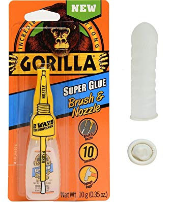 Gorilla 7500101 Super Glue Brush & Nozzle, 10 g, Clear With Disposable Latex Finger Cots Rubber Fingertips