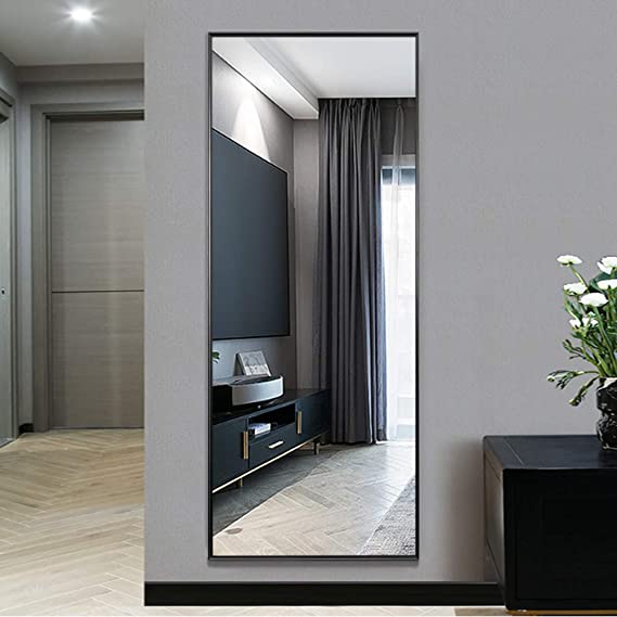 NeuType Full Length Mirror Standing Hanging or Leaning Against Wall, Large Rectangle Bedroom Mirror Floor Mirror Dressing Mirror Wall-Mounted Mirror, Aluminum Alloy Thin Frame, Black, 65"x22".