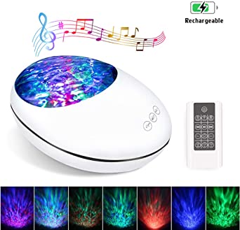 Ocean Wave Projector, Night Light with Remote Control and Timer, USB Rechargeable Bluetooth Projector Lamp with 7 Color Modes and 8 Ambient Nature Tunes