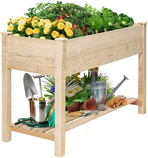 KINGSO Raised Garden Bed 4FT Elevated Wooden Planter Boxes Kit Outdoor with Legs Raised Planter Garden Grow Box with Shelves for Vegetable Flower Herb Backyard Patio Natural