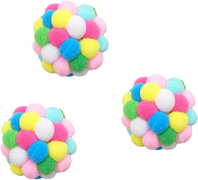 Goiio Cat Ball with Bells,3 Pack Soft Cat Pompom Ball Interactive Toys