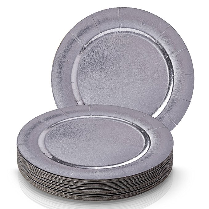 DISPOSABLE ROUND CHARGER PLATES - 20pc (Metallic/Silver)