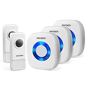 PHYSEN Model CW Waterproof Wireless Doorbell Kit with 2 Push Buttons and 3 Plugin Receivers,Operating up to 1000 Feet Range,4 Adjustable Volume Levels and 52 Chimes,No Battery Required for Receiver