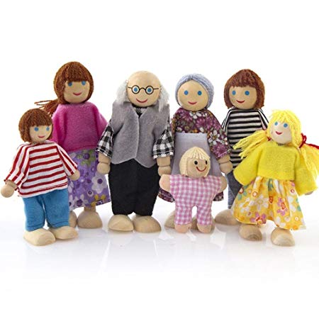 7-Piece Poseable Wooden Doll Family Pretend Play Mini People Figures for Dollhouse Kids Childs Toy, House Family Furniture Miniature 7 People Set