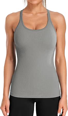 ATTRACO Ribbed Workout Tank Tops for Women with Built in Bra Tight Racerback Scoop Neck Athletic Top