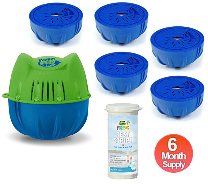 Flippin Frog Mineral Water Pool System for Pools 2000 to 5000 Gallons - Full 6 Month Supply Kit Includes 6 Chlorine Cartridges and 50 Frog Test Strips