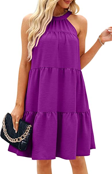 Sieanear Womens Casual Summer Dresses Sleeveless Tiered Halter Sun Dress Tie Back