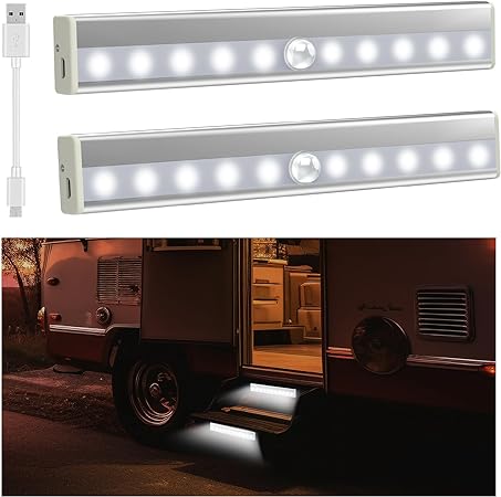 MoKo RV Step Lights Motion Activated, USB Rechargeable RV Motion Sensor Led Light Strips, Magnetic Wireless Led Step Lights for Travel Trailer, Camper, White Light, 2pcs LED Lights   2pcs USB Cables