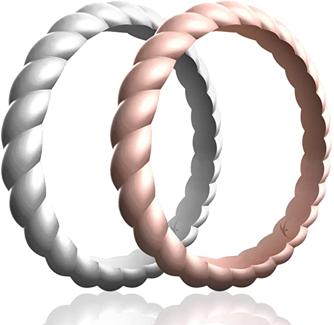 ROQ Silicone Wedding Rings for Women, Affordable Thin Braided Stackable Silicone Rubber Wedding Bands, 8, 4 & 2 Packs and Singles