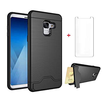 Samsung Galaxy A8 2018 Wallet Phone Case Women Men Girls Slim Silicone Protective Heavy Duty Hard Cover with Tempered Glass Screen Protector and Credit Card Holder Slot Kickstand for Glaxay A 8 Black