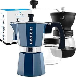 GROSCHE Milano Stovetop Espresso Maker Blue 6 espresso cup size and Bremen Manual Coffee grinder Bundle includes moka pot and Grinder