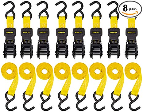 STANLEY Black/Yellow 8 Pack S1000 8-Pack Ratchet Strap Kit (1 in. x 10 ft.) -Light Cargo Hauling-1,500 lbs. Break Strength, 8 Pack