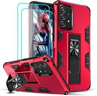 LeYi Compatible with Samsung A52 5G Case, Samsung Galaxy A52 5G Case with 2 Tempered Glass Screen Protector, Military-Grade Shockproof Built-in Kickstand Car Mount Women Cover Case for A52 5G, Red