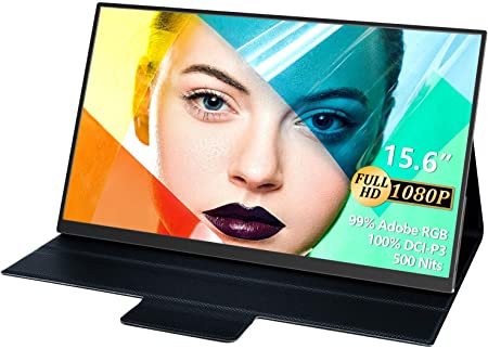 Portable Monitor 15.6 Inch,100% DCI-P3, 99% Adobe RGB, 500 Nits Brightness, FHD 1080P IPS Screen, Computer Display with USB C HDMI Dual Speakers for Laptop PC MAC Phone Switch Xbox PS4/PS3