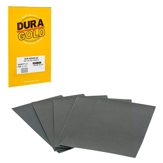 Dura-Gold Premium - Wet or Dry - 400 Grit - Professional Cut to 5-1/2" x 9" Sheets - Color Sanding and Polishing for Automotive and Woodworking - Box of 25 Sandpaper Finishing Sheets