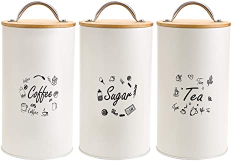 Fasmov 3 Pack Kitchen Canisters with Bamboo Lids, Airtight Metal Canister Set, Coffee, Sugar, Tea, Flour Storage Containers, Farmhouse Kitchen Decor, Beige