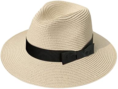 Lanzom Women Wide Brim Straw Panama Roll up Hat Fedora Beach Sun Hat UPF50