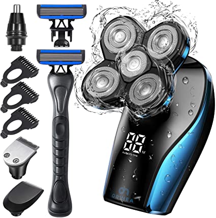 Electric Shaver for Men, OriHea 4 in 1 Head Shavers for Bald Men Wet Dry with Handle Shaver Electric Rotary Razor Beard Trimmer Grooming Kit-Waterproof, Faster-Charging LED Display, 5D Floating