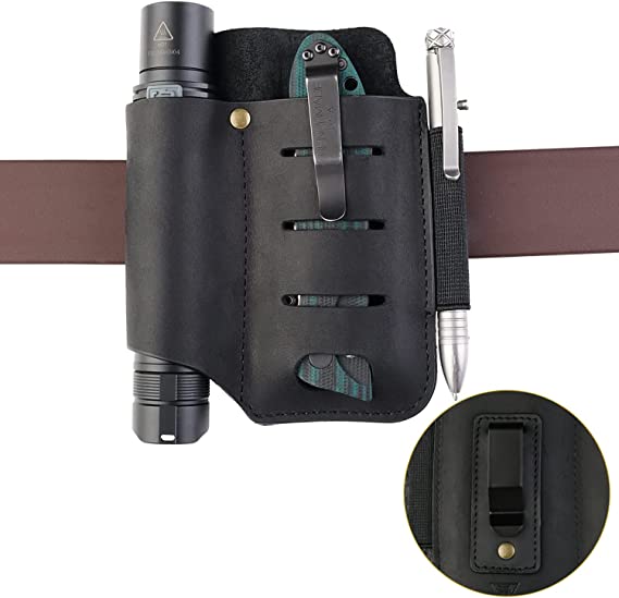 VIPERADE PJ15 EDC Leather Sheath, Flashlight Holster/Pocket Knife Sheath/Tactical Pen Sheath/for Leatherman Multitool Sheath, Knife Organizer Leather Sheath with Pocket Clip (Black)