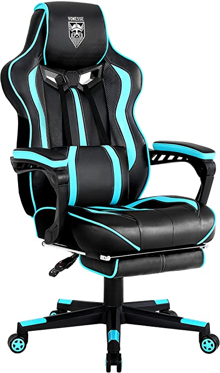 Vonesse Gaming Chair with Footrest High Back Gamer Chair with Massage Reclining Computer Chair Big and Tall Racing Gaming Chair Ergonomic Game Chair for Adults Heavy People Computer PU Leather (Cyan)