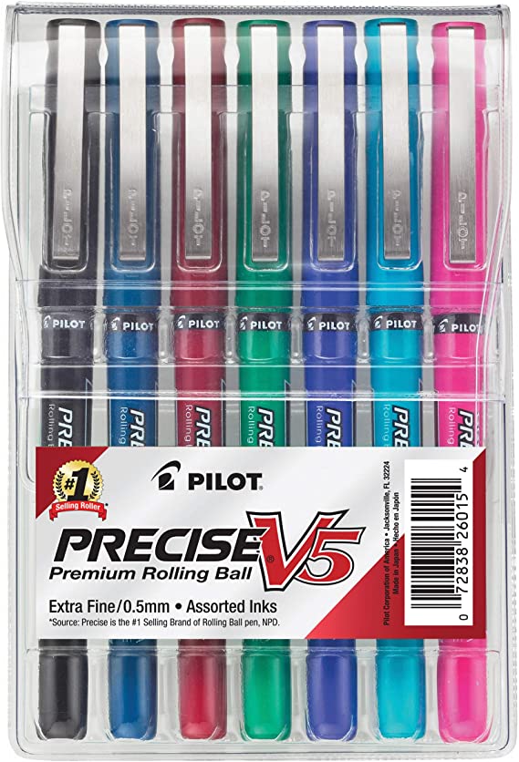 PILOT Precise V5 Stick Liquid Ink Rolling Ball Stick Pens, Extra Fine Point (0.5mm) Assorted Ink Colors, 7-Pack Pouch (26015)