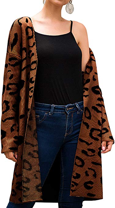 Angashion Women's Long Sleeves Leopard Print Knitting Cardigan Open Front Warm Sweater Outwear Coats with Pocket