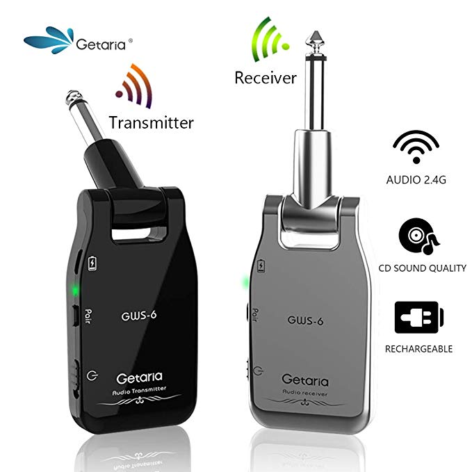 Getaria Wireless Guitar System Audio Transmitter and Receiver for Electric Guitar Bass GWS-6 (Silver/Black)