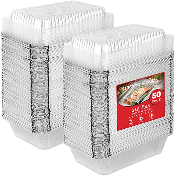 50 Pack Disposable Takeout Containers with Clear Lids – 2 Lb Capacity Aluminum Foil Leftover Take Home Containers for Food – Secure Lids– Eco Friendly and Recyclable Aluminum Pans – 8” Inch Drip Pans