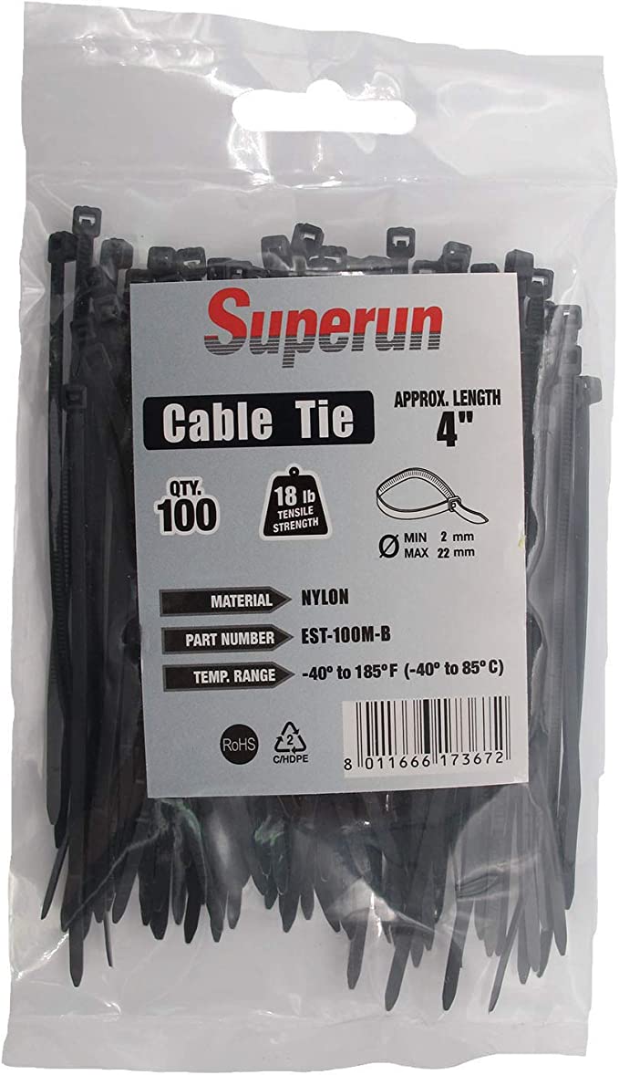 Superun 4 inch selflocking Cable tie (Industrial Grade Zip tie) Pack of 100 Black