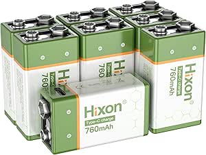 Hixon USB 9V Rechargeable Lithium Batteries - Long-Lasting 760mAh 9 Volt LI-ion Batteries with Type C Charging Cable - for Alarms Wireless Microphones Smoke Detectors Toys - 8 Pack