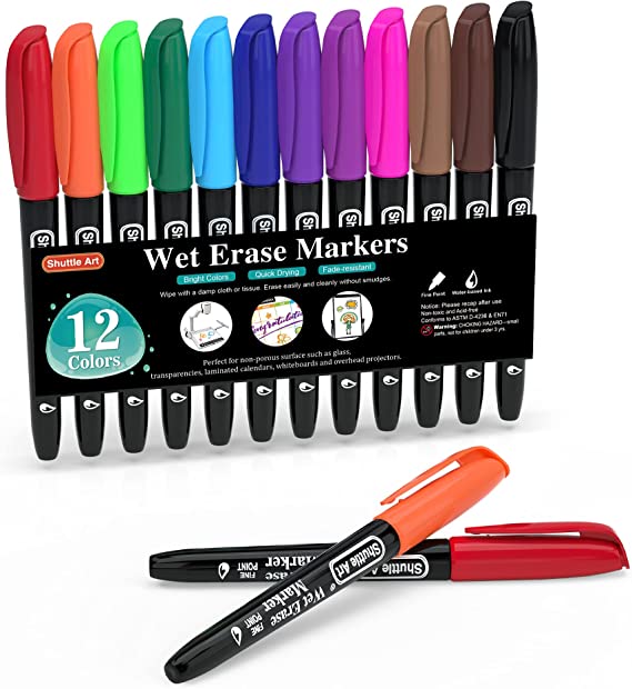 Wet Erase Markers, Shuttle Art 12 Colors 1mm Fine Tip Smudge-Free Markers, Use on Laminated Calendars,Overhead Projectors,Schedules,Whiteboards,Transparencies,Glass,Wipe with Water